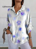 Dreamy Blue-Purple Flowers Women’s Print Casual Linen V-Neck Shirt Multicolor / S