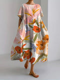 Women’s Retro Botanical Floral Design Printed Casual Loose Dress Orange / S