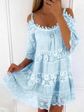 Casual Solid Color Loose Strapless Lace Dress Blue / S