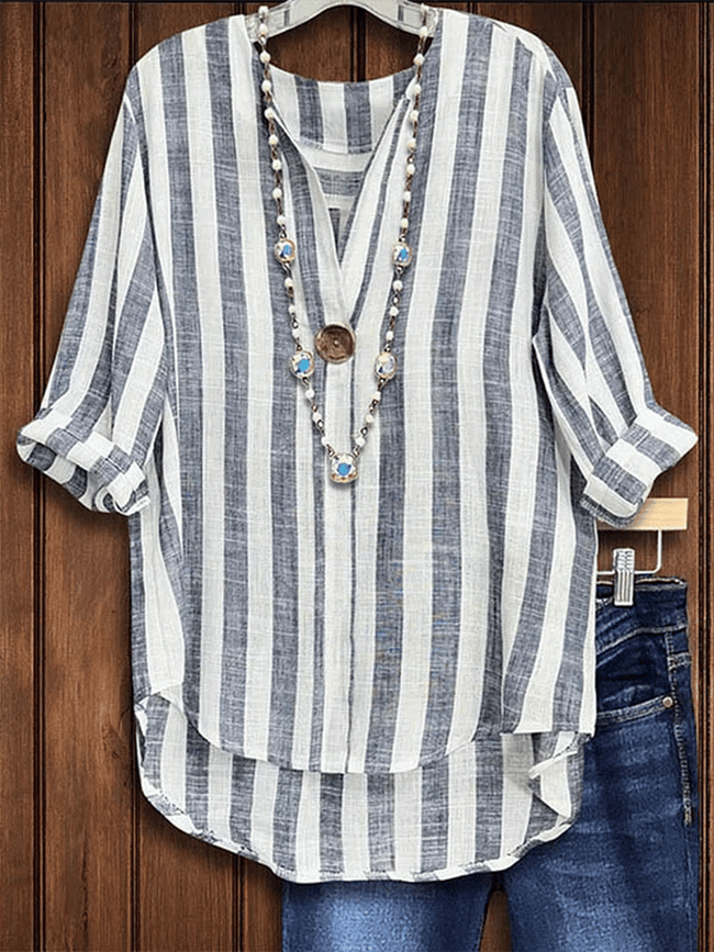 Women’s Classic Retro Striped Button Design V-Neck Casual Shirt As Shown / S