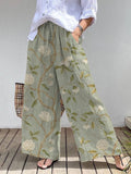 Elegant Flower Vine Art Print Cotton Linen Wide Leg Pants