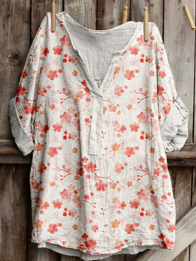 Watercolor Cherry Blossom Art Linen Blend Cozy Tunic