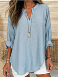 Women’s Cotton Long Sleeve Round Neck Solid Color Loose Beach Shirt Light Blue / S