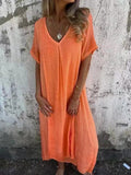 Women’s Solid Color V-Neck Linen Dress Orange / S