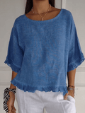 Women’s Solid Color Round Neck Loose Casual Shirt Blue / S