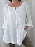 Women’s Pleated Casual Long Sleeve Crew Neck Shirt White / S