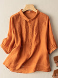 Embroidered Half Sleeve Casual Linen Shirt Top Orange / S