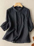 Embroidered Half Sleeve Casual Linen Shirt Top Navy Blue / S