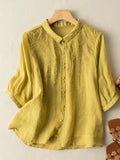 Embroidered Half Sleeve Casual Linen Shirt Top Yellow / S