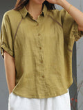 Ladies Solid Color Lapel Lace Splicing Design Casual Cotton And Linen Shirt