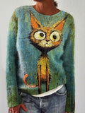 Funny Cat Print Casual Knit Pullover Sweater