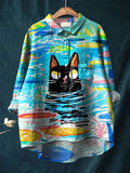 Women’s Black Cat Art Print Casual Cotton And Linen Shirt Multicolor / S