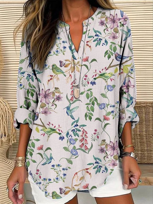 Women’s Blue And Purple Elegant Small Flower Floral Print Casual Linen V-Neck Shirt Multicolor / S