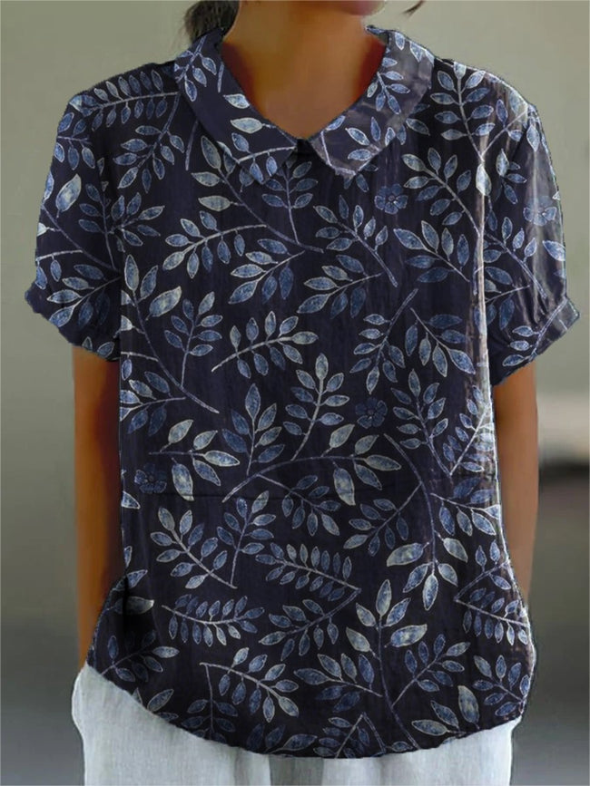 Women's Leaf Pattern Print Casual Cotton And Linen Shirt