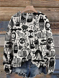 Lovely Halloween Monsters Pattern Printed Knit Pullover Sweater Blackwhite / S