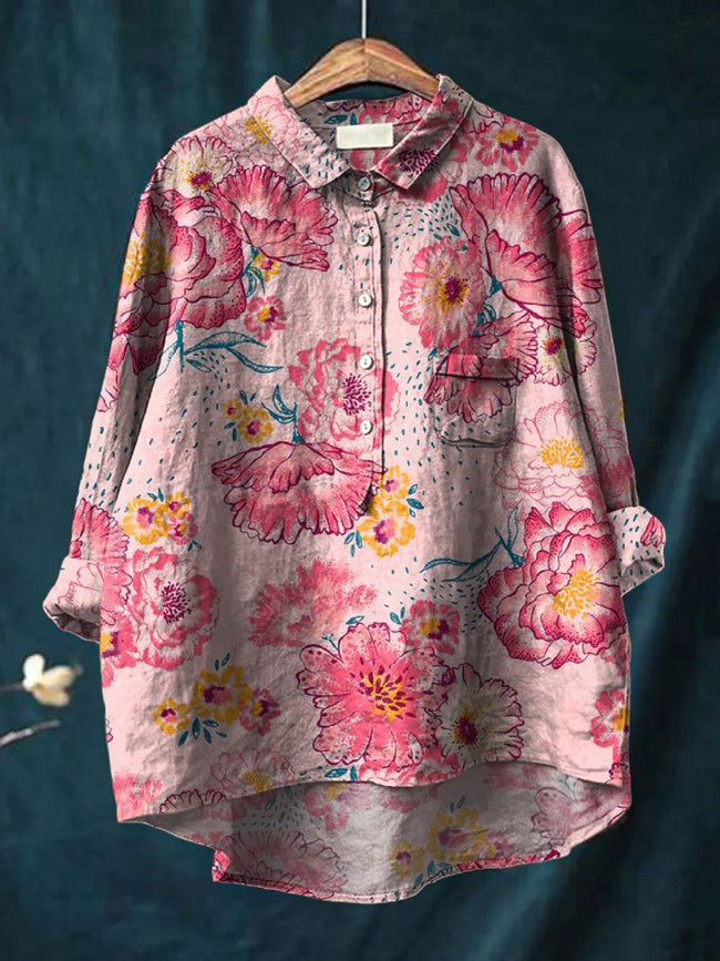 Women’s Flower Print Casual Cotton And Linen Shirt Multicolor / S