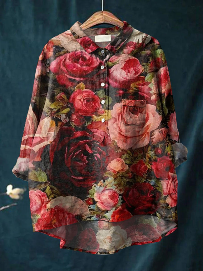 Women’s Vintage Rose Art Print Casual Cotton And Linen Shirt Multicolor / S