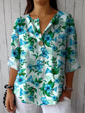 Summer Tropical Blue Floral Pattern Printed Women’s Casual Cotton Linen Shirt Multicolor / S