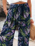 Midnight Purple Sage Floral Pattern Printed Women’s Cotton And Linen Casual Pants