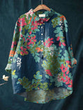 Women’s Flower Print Casual Cotton And Linen Shirt Blue / S