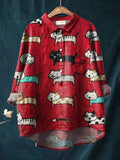 Vintage Funny Cats Art Print Casual Cotton And Linen Shirt Red / S