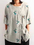 Women’s Cute Lovely Birds Art Print Casual Cotton And Linen Shirt Multicolor2 / S