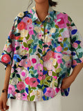 Colorful Spring Floral Garden Printed Women’s Casual Cotton Linen Shirt Multicolor / S