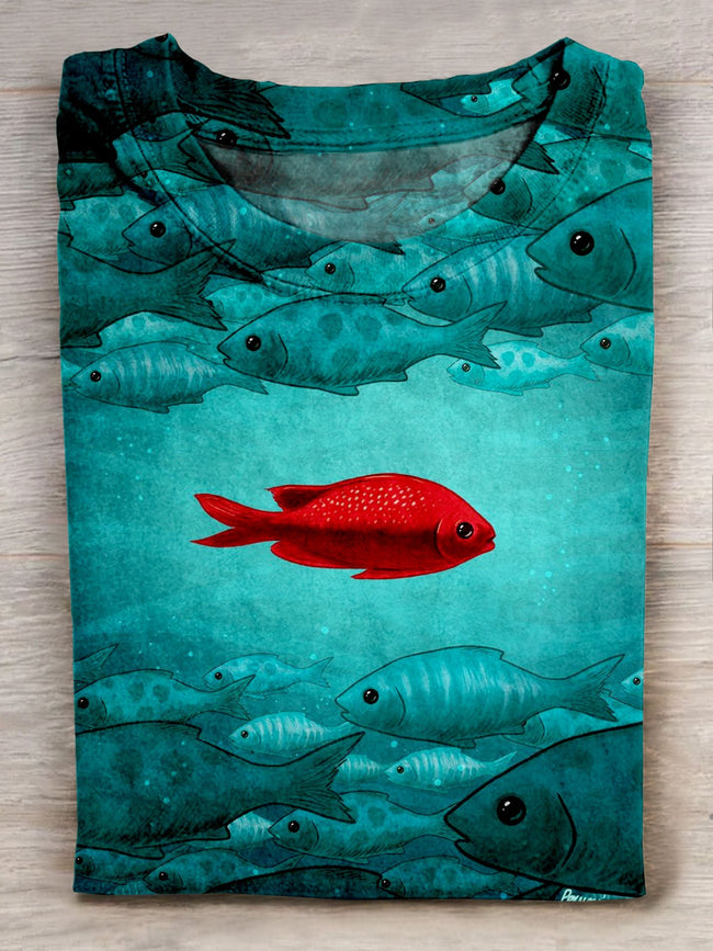 Red Fish Art Print Casual Short Sleeve T-Shirt Multicolor / S