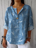 Spring Woodland Rabbit Repeat Pattern Printed Women’s Casual Cotton Linen Shirt Blue / S