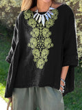 Women’s Vintage Ethnic Pattern Art Print Casual Cotton And Linen Shirt Black / S