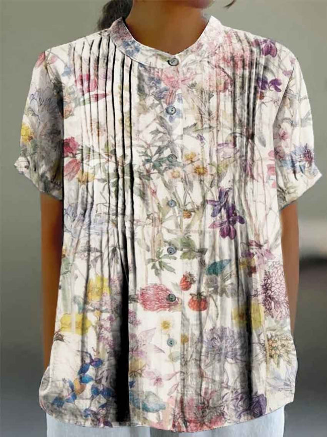 Women’s Colorful Elegant Flowers Print Casual Cotton And Linen Shirt Multicolor / S