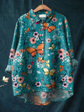 Vintage Lovely Butterflies Art Print Casual Cotton And Linen Shirt Multicolor / S