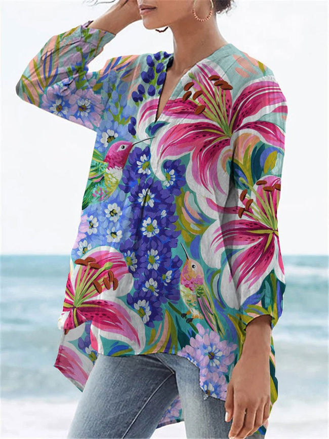 Women’s Flower Print Casual Linen V-Neck Shirt Multicolor / S