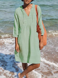 Women’s Solid Color Loose Elegant Casual V-Neck Pocket Cotton And Linen Dress Green / S