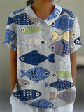 Women’s Vintage Lovely Fish Art Print Casual Cotton And Linen Shirt Multicolor / S