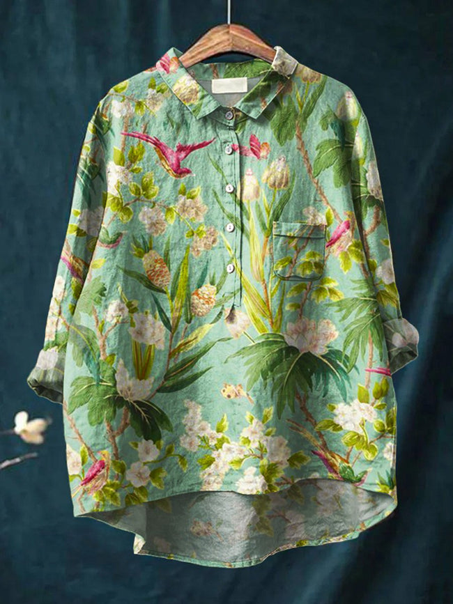 Women’s Floral Art Print Casual Cotton And Linen Shirt Multicolor / S