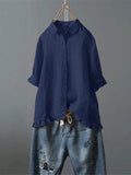 Women’s Cotton And Linen Casual Single-Row Button Ruffle Shirt Blue / S