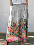 Women’s Vintage Lovely Floral Art Printed Linen Pocket Skirt