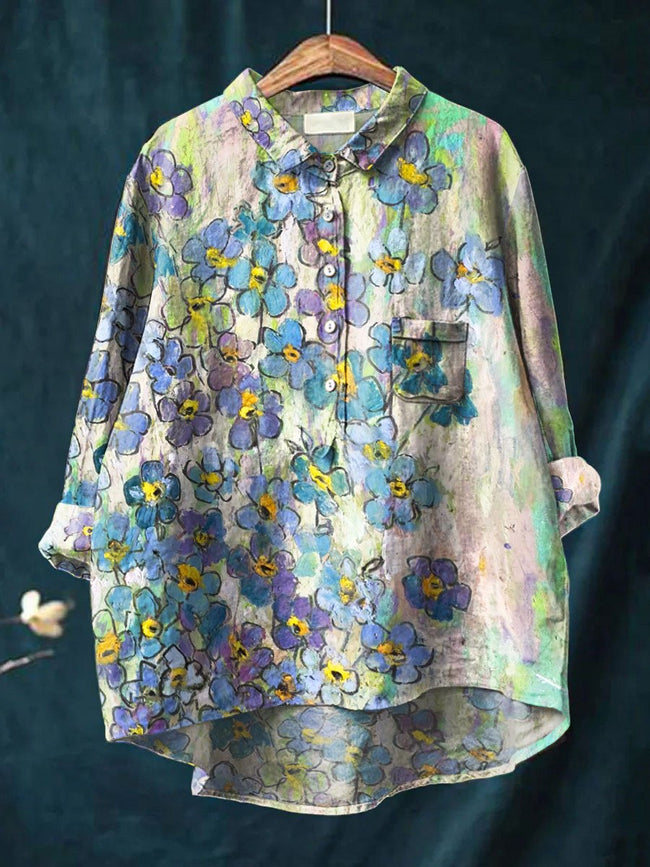 Women’s Vintage Flower Art Print Casual Cotton And Linen Shirt Multicolor / S