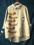 Women’s Retro Cute Puppy Hot Dog Printcasual Cotton And Linen Shirt Multicolor / S