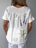 Watercolor Lavender Floral Printed Women's Casual Cotton And Linen Shirt