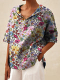 Women’s Field Style Colorful Floral Print Casual Linen V-Neck Shirt Multicolor / S