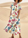 Women’s Elegant Flowers Art Print Casual Linen Pocket Dress Multicolor / S