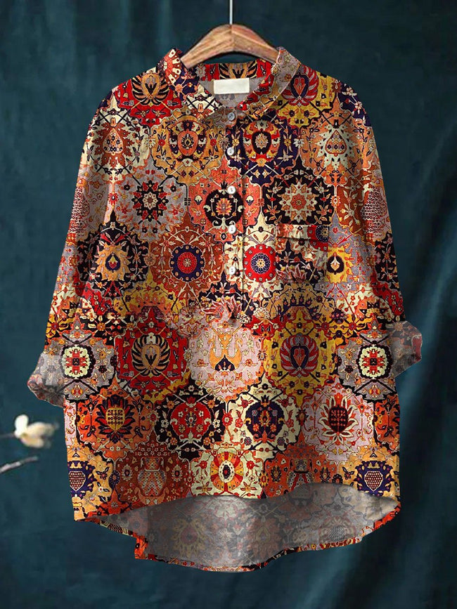 Women’s Vintage Art Print Casual Cotton And Linen Shirt Multicolor / S