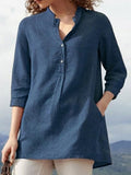 Women’s Solid Color Loose Elegant Casual Cotton And Linen Shirt Navy / S