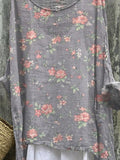 Vintage Style Rose Repeat Pattern Printed Women’s Casual Linen Cotton Pullover Top