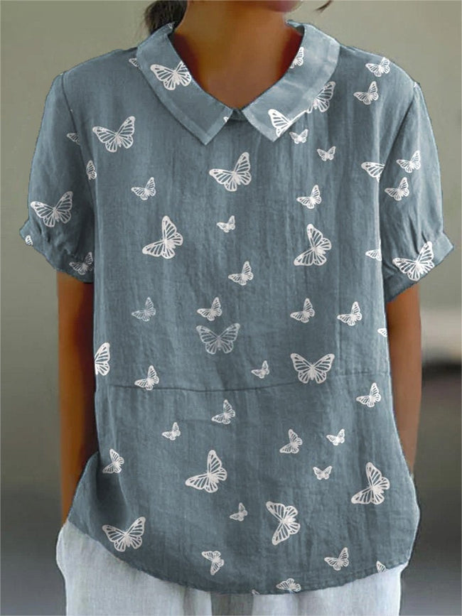 Women's  Butterfly Art Print Casual Cotton And Linen Shirt