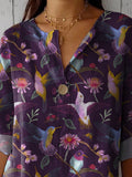 Midnight Hummingbird Pattern Printed Women’s Casual Cotton Linen Shirt