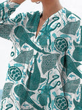 Vibrant Sea Creatures Pattern Printed Women’s Casual Linen V-Neck Shirt