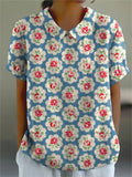 Women’s Vintage Lovely Elegant Floral Art Print Casual Cotton And Linen Shirt Multicolor / S